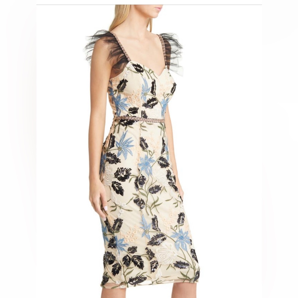 Lulu's Cream Floral Showstopper Dress with Black and Blue Accents - Picture 2 of 9